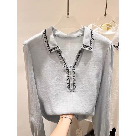 FA55545# 新款韩国气质显瘦翻领刺绣套头长袖衬衫女春季上衣  服裝批發女裝批發服飾貨源