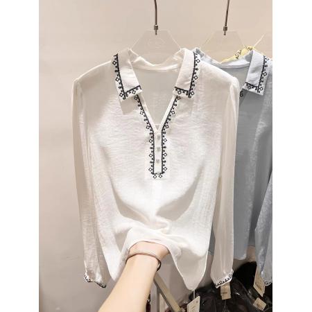 FA55545# 新款韩国气质显瘦翻领刺绣套头长袖衬衫女春季上衣  服裝批發女裝批發服飾貨源