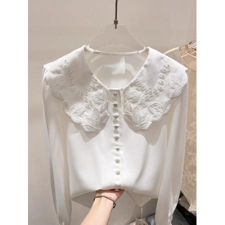 FA55546# 新款法式气质显瘦娃娃领刺绣镂空单排扣长袖雪纺衬衫女春季  服裝批發女裝批發服飾貨源