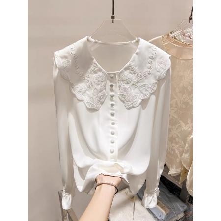 FA55546# 新款法式气质显瘦娃娃领刺绣镂空单排扣长袖雪纺衬衫女春季  服裝批發女裝批發服飾貨源