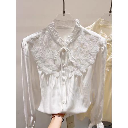 FA55547# 新款法式气质显瘦立领木耳边刺绣系带单排扣长袖衬衣女春季  服裝批發女裝批發服飾貨源