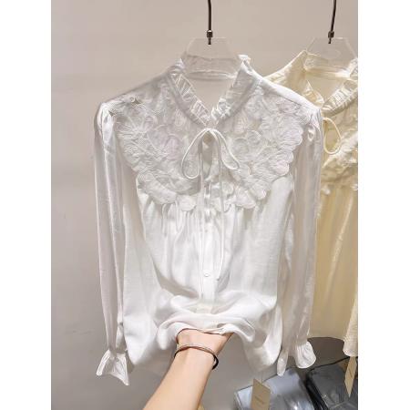 FA55547# 新款法式气质显瘦立领木耳边刺绣系带单排扣长袖衬衣女春季  服裝批發女裝批發服飾貨源