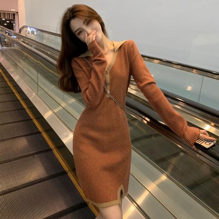 FA55549# 韩国气质高级针织连衣裙女春小香风法式小个子开叉内搭打底毛衣裙  服裝批發女裝批發服飾貨源