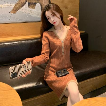 FA55549# 韩国气质高级针织连衣裙女春小香风法式小个子开叉内搭打底毛衣裙  服裝批發女裝批發服飾貨源