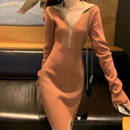 FA55549# 韩国气质高级针织连衣裙女春小香风法式小个子开叉内搭打底毛衣裙  服裝批發女裝批發服飾貨源