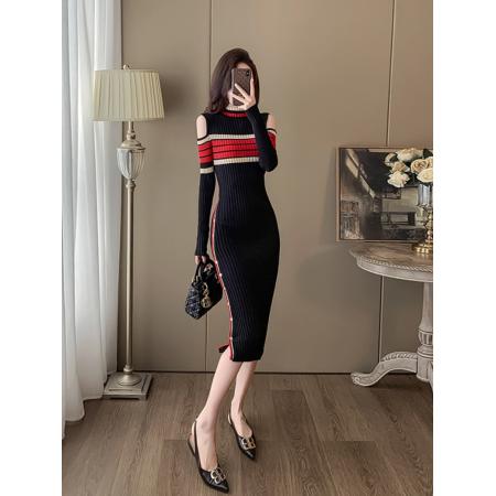 FA55550# 韩国露肩条纹开叉针织毛衣连衣裙女春夜店风小心机纯欲OL法式长裙  服裝批發女裝批發服飾貨源