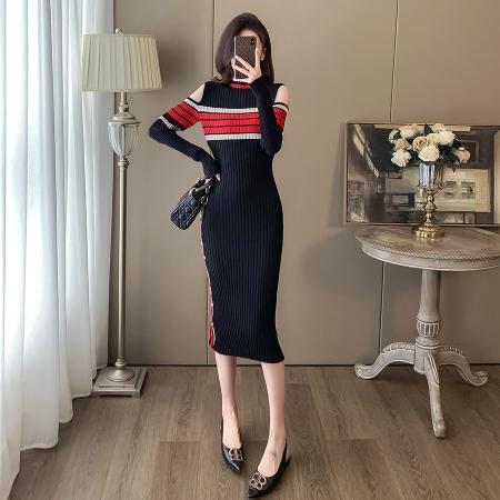 FA55550# 韩国露肩条纹开叉针织毛衣连衣裙女春夜店风小心机纯欲OL法式长裙  服裝批發女裝批發服飾貨源