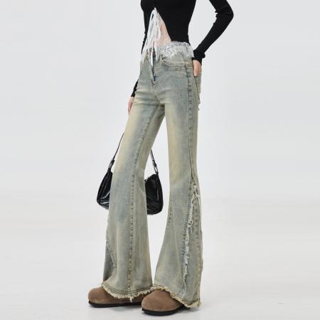 FA55551# 新款大码毛边微喇叭小个子梨型身材春秋牛仔裤女微喇显瘦马蹄裤  服裝批發女裝批發服飾貨源