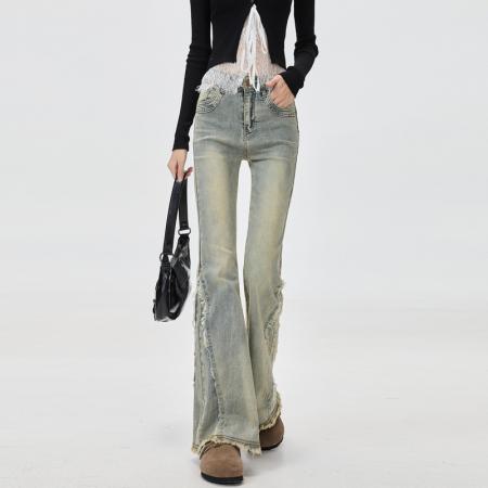 FA55551# 新款大码毛边微喇叭小个子梨型身材春秋牛仔裤女微喇显瘦马蹄裤  服裝批發女裝批發服飾貨源