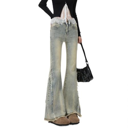 FA55551# 新款大码毛边微喇叭小个子梨型身材春秋牛仔裤女微喇显瘦马蹄裤  服裝批發女裝批發服飾貨源