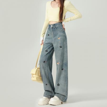 FA55552# 春秋小狗刺绣宽松显瘦高腰阔腿牛仔裤女百搭直筒拖地长裤  服裝批發女裝批發服飾貨源