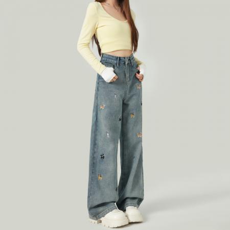 FA55552# 春秋小狗刺绣宽松显瘦高腰阔腿牛仔裤女百搭直筒拖地长裤  服裝批發女裝批發服飾貨源