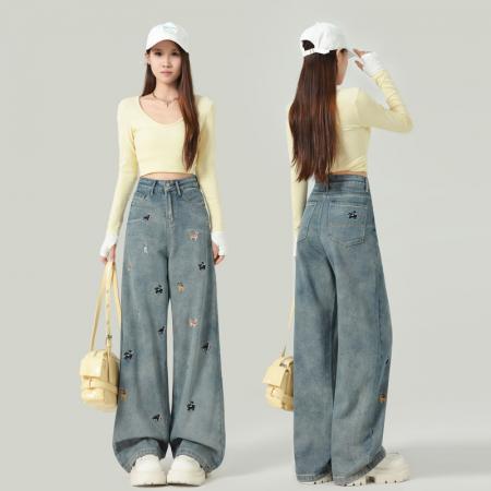 FA55552# 春秋小狗刺绣宽松显瘦高腰阔腿牛仔裤女百搭直筒拖地长裤  服裝批發女裝批發服飾貨源