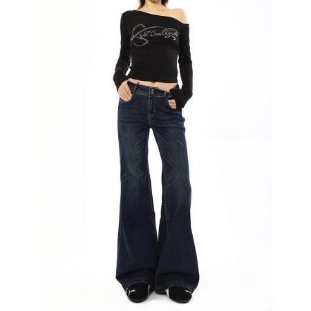 FA55554# 不贴腿深蓝色微喇牛仔裤女秋季新款大码复古胖mm高腰显瘦喇叭裤子  服裝批發女裝批發服飾貨源