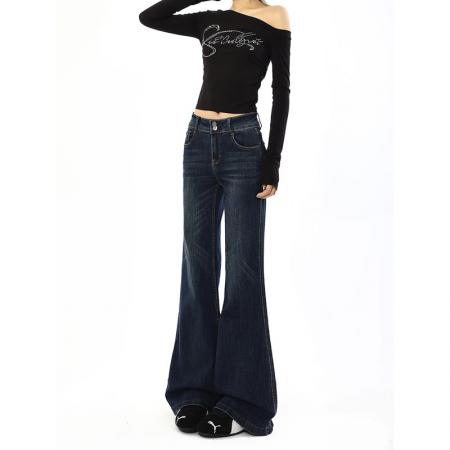 FA55554# 不贴腿深蓝色微喇牛仔裤女秋季新款大码复古胖mm高腰显瘦喇叭裤子  服裝批發女裝批發服飾貨源