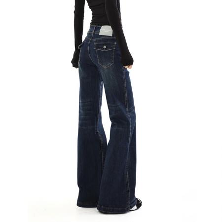 FA55554# 不贴腿深蓝色微喇牛仔裤女秋季新款大码复古胖mm高腰显瘦喇叭裤子  服裝批發女裝批發服飾貨源