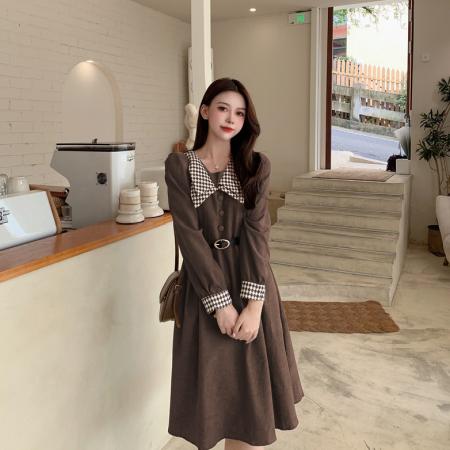 FA55557# 秋冬新款高级感赫本撞色收腰打底连衣裙显瘦领法式时尚气质中长裙  服裝批發女裝批發服飾貨源