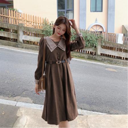 FA55557# 秋冬新款高级感赫本撞色收腰打底连衣裙显瘦领法式时尚气质中长裙  服裝批發女裝批發服飾貨源