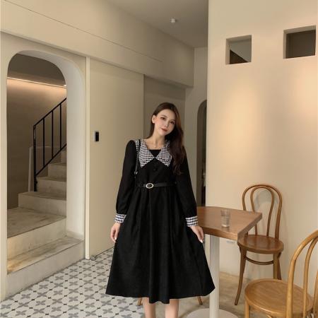 FA55557# 秋冬新款高级感赫本撞色收腰打底连衣裙显瘦领法式时尚气质中长裙  服裝批發女裝批發服飾貨源