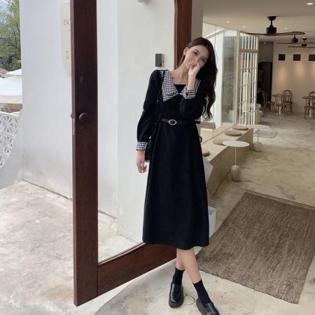 FA55557# 秋冬新款高级感赫本撞色收腰打底连衣裙显瘦领法式时尚气质中长裙  服裝批發女裝批發服飾貨源