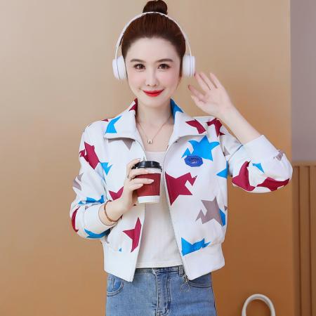 FA55558# 美式高街设计感星星国潮风印花夹克小个子显高时尚白搭休闲短外套  服裝批發女裝批發服飾貨源