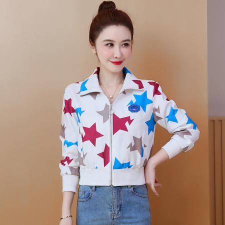 FA55558# 美式高街设计感星星国潮风印花夹克小个子显高时尚白搭休闲短外套  服裝批發女裝批發服飾貨源