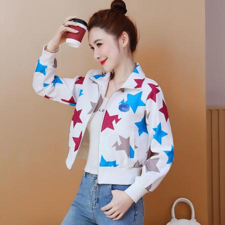 FA55558# 美式高街设计感星星国潮风印花夹克小个子显高时尚白搭休闲短外套  服裝批發女裝批發服飾貨源