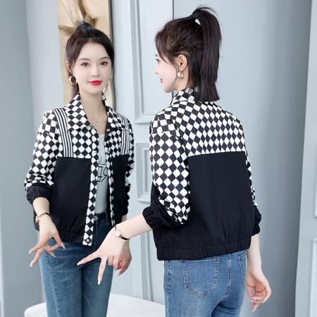 FA55559# 小香风外套小个子炸街短上衣棋盘格港风复古休闲拼接女夹克  服裝批發女裝批發服飾貨源