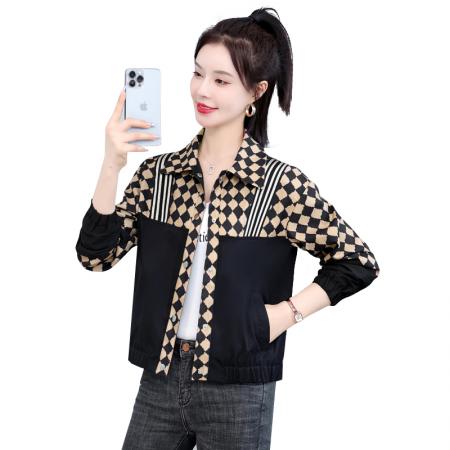 FA55559# 小香风外套小个子炸街短上衣棋盘格港风复古休闲拼接女夹克  服裝批發女裝批發服飾貨源