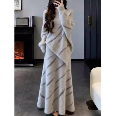 FA55565# 高级感温柔风显瘦针织衫女时尚休闲半身裙一整套  服裝批發女裝批發服飾貨源