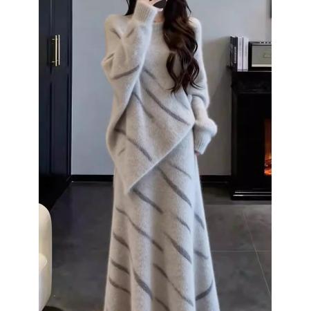 FA55565# 高级感温柔风显瘦针织衫女时尚休闲半身裙一整套  服裝批發女裝批發服飾貨源