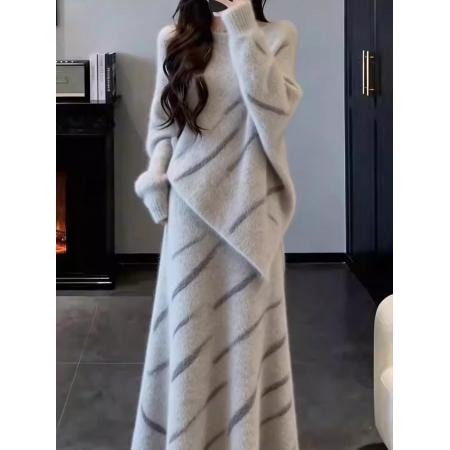 FA55565# 高级感温柔风显瘦针织衫女时尚休闲半身裙一整套  服裝批發女裝批發服飾貨源