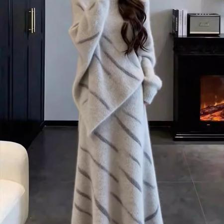 FA55565# 高级感温柔风显瘦针织衫女时尚休闲半身裙一整套  服裝批發女裝批發服飾貨源