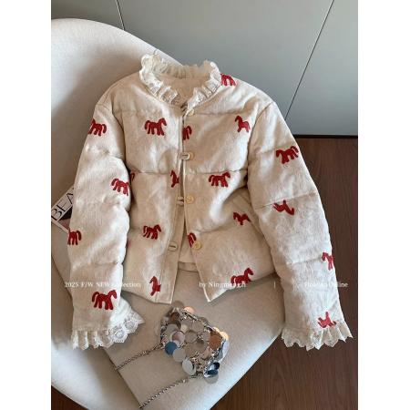 FA55566# 新中式小马刺绣花边棉服外套女秋冬新款上衣  服裝批發女裝批發服飾貨源