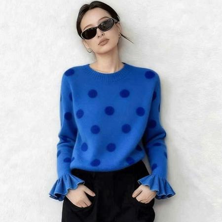 FA55567# -蓝色波点毛衣女款喇叭袖针织衫可外穿超好看上衣  服裝批發女裝批發服飾貨源