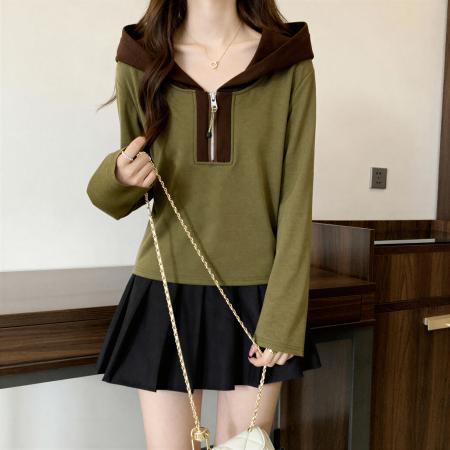 FA55569# 半拉链连帽半拉链长袖T恤女秋冬新款大码胖mm修身巨显瘦帽衫上衣  服裝批發女裝批發服飾貨源