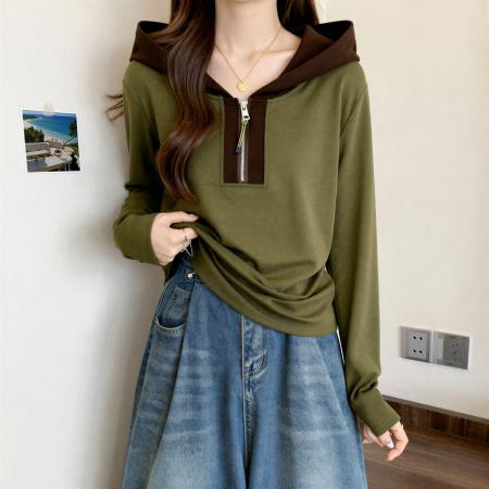 FA55569# 半拉链连帽半拉链长袖T恤女秋冬新款大码胖mm修身巨显瘦帽衫上衣  服裝批發女裝批發服飾貨源