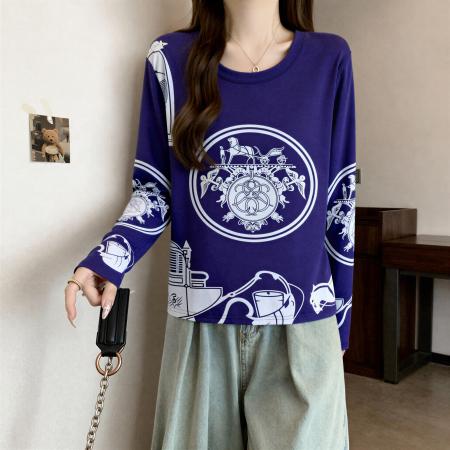 FA55570# 秋冬款纯棉印花圆领长袖t恤大码女装胖mm设计感短款打底上衣  服裝批發女裝批發服飾貨源