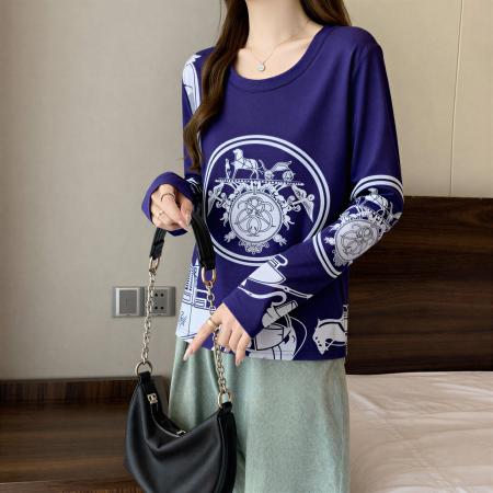 FA55570# 秋冬款纯棉印花圆领长袖t恤大码女装胖mm设计感短款打底上衣  服裝批發女裝批發服飾貨源