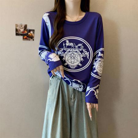 FA55570# 秋冬款纯棉印花圆领长袖t恤大码女装胖mm设计感短款打底上衣  服裝批發女裝批發服飾貨源