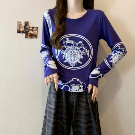 FA55570# 秋冬款纯棉印花圆领长袖t恤大码女装胖mm设计感短款打底上衣  服裝批發女裝批發服飾貨源