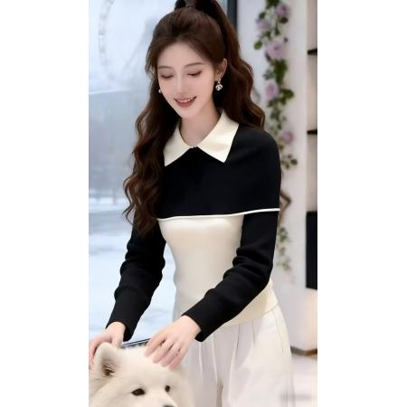 FA55571# 安迪绒洗水天猫抖音品质条纹Polo领针织毛衣女  服裝批發女裝批發服飾貨源