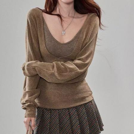 FA55572# 两件套复古早秋26AW新款纯欲风辣妹针织衫女收腰显瘦打底上衣  服裝批發女裝批發服飾貨源