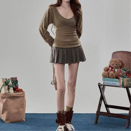 FA55572# 两件套复古早秋26AW新款纯欲风辣妹针织衫女收腰显瘦打底上衣  服裝批發女裝批發服飾貨源