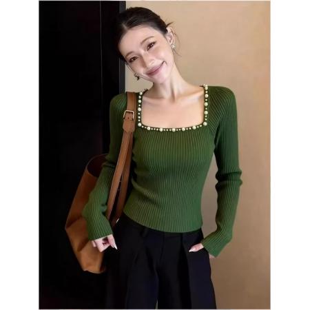 FA55573# 高级感重工钉珠方领长袖针织衫通勤森绿色打底衫冬季新款时尚  服裝批發女裝批發服飾貨源