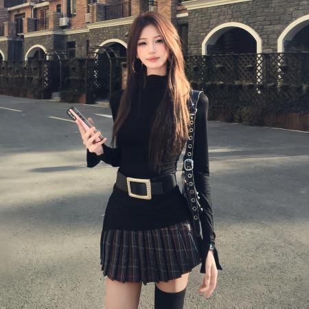 FA55578# 复古辣妹半高领高腰格子连衣裙子女冬新款学院风穿搭短裙套装  服裝批發女裝批發服飾貨源