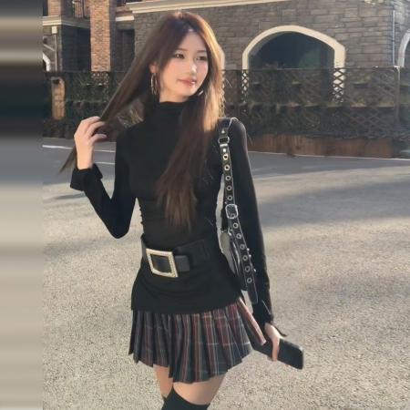 FA55578# 复古辣妹半高领高腰格子连衣裙子女冬新款学院风穿搭短裙套装  服裝批發女裝批發服飾貨源