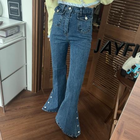 FA55579# 春季新款修身百搭下摆系扣微喇牛仔裤  服裝批發女裝批發服飾貨源