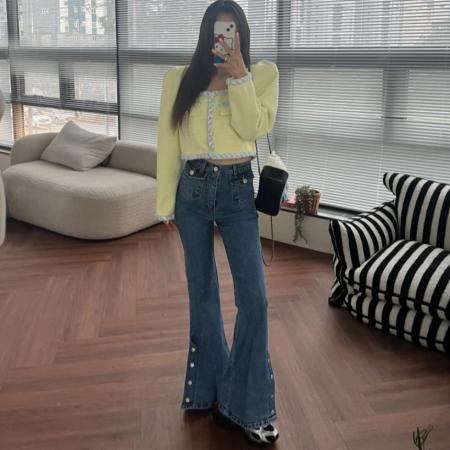 FA55579# 春季新款修身百搭下摆系扣微喇牛仔裤  服裝批發女裝批發服飾貨源