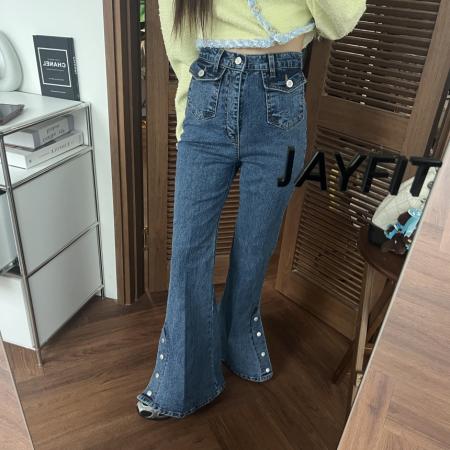 FA55579# 春季新款修身百搭下摆系扣微喇牛仔裤  服裝批發女裝批發服飾貨源